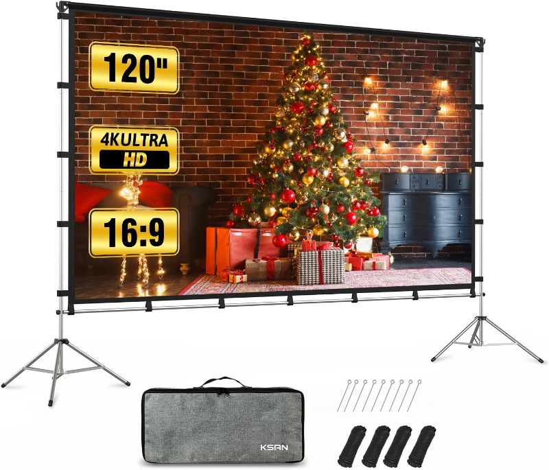 Photo 1 of KSAN Outdoor Projector Screen with Stand, HD Movie Projector Screen 120 Inch (16:9), Portable Double Sided Projection Screen with Full-Set Bag for Home Theatre Outdoor Camping and Recreational Events