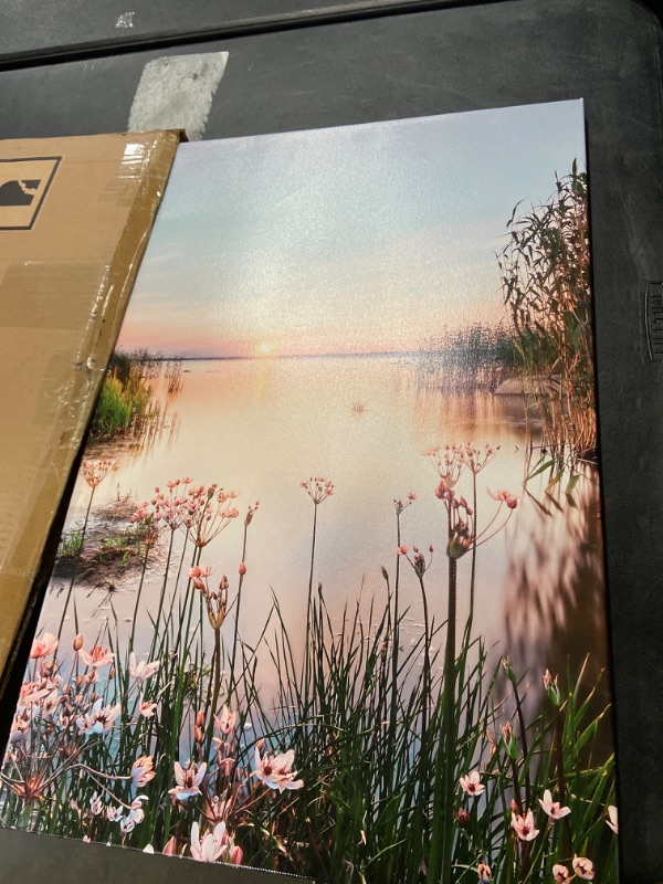 Photo 1 of double trees Lake Sunset Wall Art Canvas: Nature Landscape Picture Artwork Summer Scene Painting Print Decor for Bedroom Living Room Photography Nature Theme 01 36"x24"