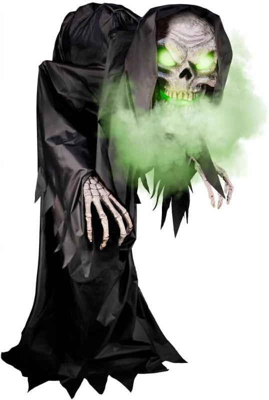 Photo 1 of Haunted Hill Farm Motion-Activated Hunched Skeleton Reaper by Tekky, Talking Scare Prop Animatronic for Indoor or Covered Outdoor Creepy Halloween Decoration, Plug-in or Battery Operated