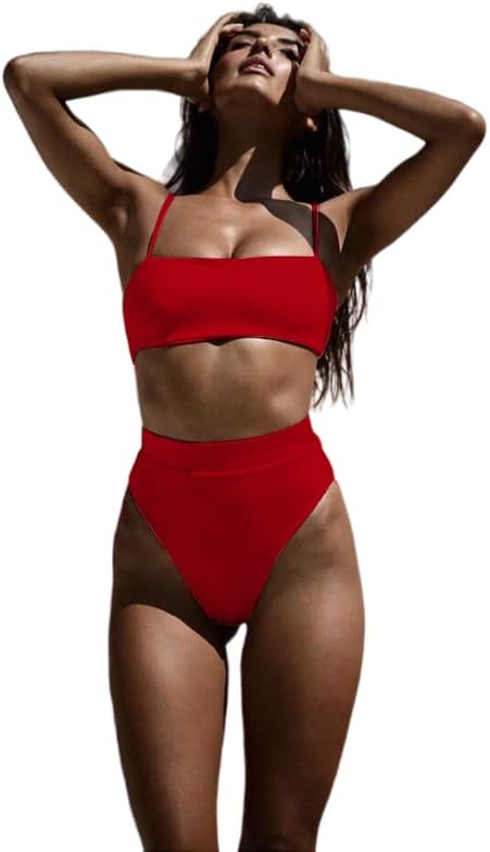 Photo 1 of Women's High Cut Banded Bikini Suit with Adjustable Strap High Waist Abdomen Control Swimsuit