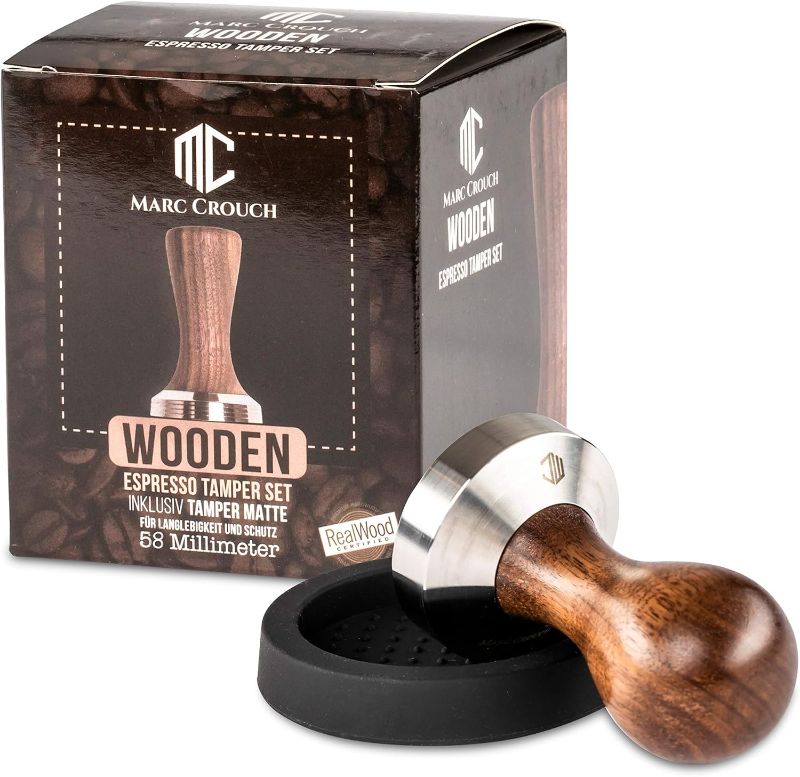 Photo 1 of Marc Crouch® 51 mm Coffee Tamper Set Made of High-Quality Beech Wood and Stainless Steel Including Silicone Mat 51 mm + 3 Stencils - Intensive Coffee Enjoyment Thanks to Espresso Stamp (51 mm)