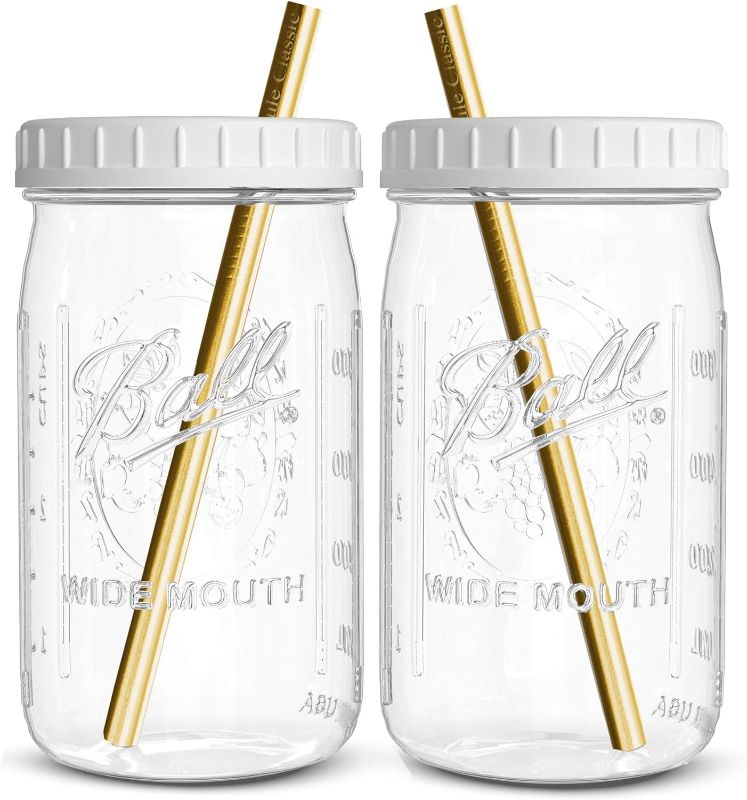 Photo 1 of Reusable Wide Mouth Smoothie Cups Boba Tea Cups Bubble Tea Cups with Lids and Silver Straws Mason Jars Glass Cups (4-pack, 32 oz mason jars)
