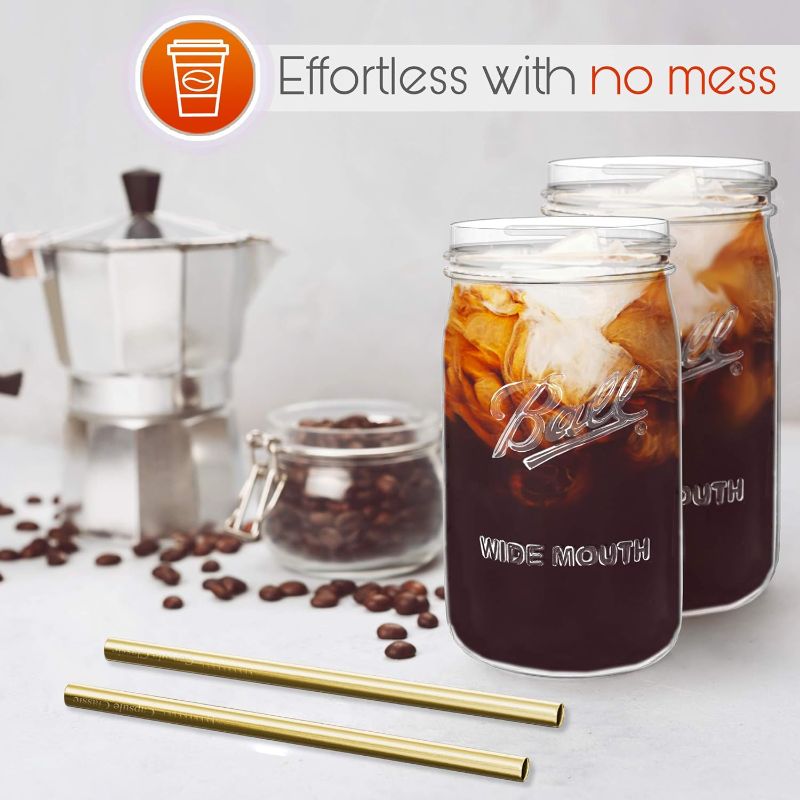 Photo 2 of Reusable Wide Mouth Smoothie Cups Boba Tea Cups Bubble Tea Cups with Lids and Silver Straws Mason Jars Glass Cups (4-pack, 32 oz mason jars)
