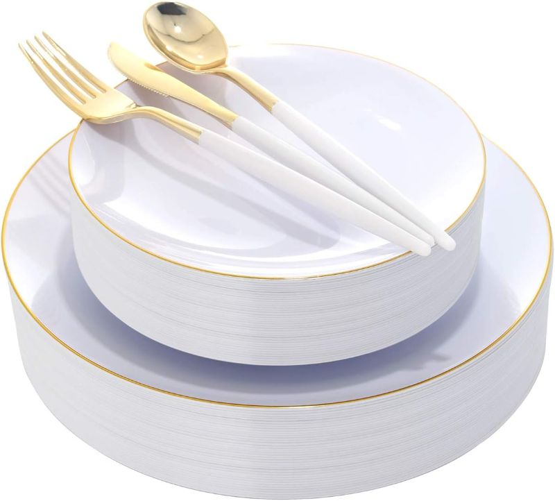 Photo 1 of DaYammi 30 Guests Gold Plastic Plates with Disposable Silverware, Gold Cutlery with White Handle, White&Gold Disposable Dinnerware for Parties Wedding
