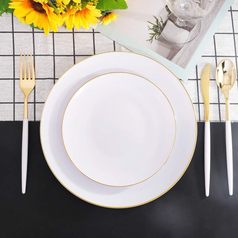 Photo 2 of DaYammi 30 Guests Gold Plastic Plates with Disposable Silverware, Gold Cutlery with White Handle, White&Gold Disposable Dinnerware for Parties Wedding
