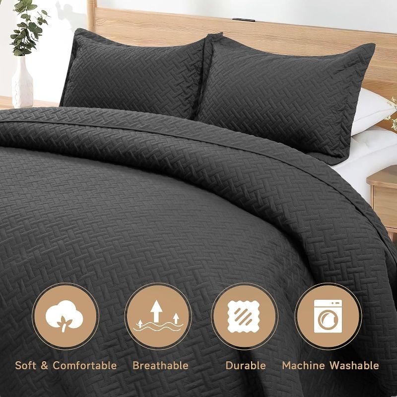 Photo 2 of HYLEORY Quilt Set King Size - Soft Lightweight Quilts Summer Quilted Bedspreads - Reversible Coverlet Bedding Set for All Season 3 Piece (1 Quilt, 2 Pillow Shams) - Dark Grey
