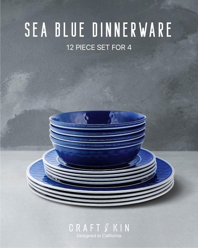 Photo 2 of Melamine Dinnerware Sets for 4 | Blue Dish Set for 4 | Melamine Dinner Plates Set | Blue and White Melamine Plates | Blue Dinner Plates Set | Blue Melamine Plates | 12 pcs Dishwasher Safe - Sea Blue
