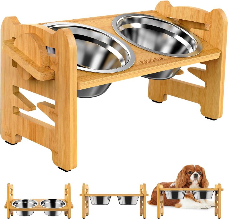 Photo 1 of SEASOULSTAR Elevated Dog Bowls for Small Dogs and Cats -Tilted Adjustable Raised Dog Bowls with 2 Stainless Steel Bowls,Non-Slip Bamboo Dog Cat Feeder
