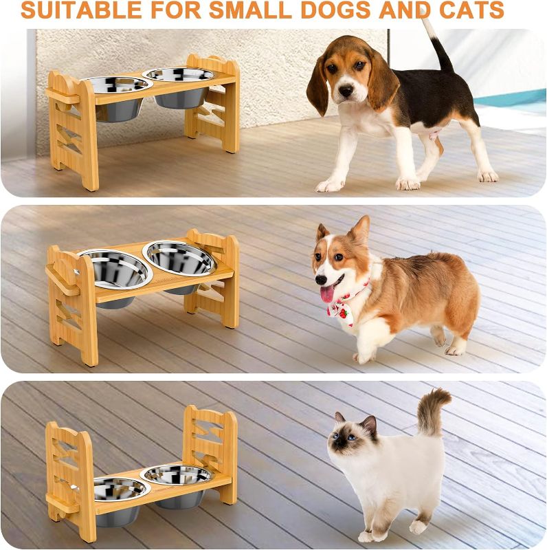 Photo 2 of SEASOULSTAR Elevated Dog Bowls for Small Dogs and Cats -Tilted Adjustable Raised Dog Bowls with 2 Stainless Steel Bowls,Non-Slip Bamboo Dog Cat Feeder
