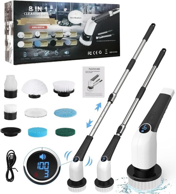 Photo 1 of Electric Spin Scrubber, Cordless Shower Cleaning Brush with 8 Replaceable Brush Heads, 3 Adjustable Speeds, Detachable & Extendable Long Handle Scrubber for Bathroom Floor Tile, Voice Broadcast
