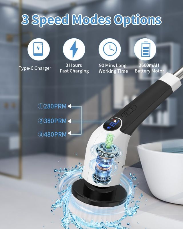 Photo 2 of Electric Spin Scrubber, Cordless Shower Cleaning Brush with 8 Replaceable Brush Heads, 3 Adjustable Speeds, Detachable & Extendable Long Handle Scrubber for Bathroom Floor Tile, Voice Broadcast
