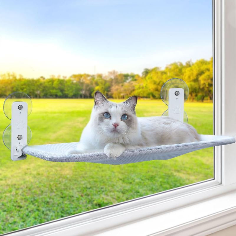 Photo 1 of Jetczo Cat Window Perch Cordless Foldable Cat Hammock Window Seat for Indoor Cats, Cat Window Bed with Metal Frame, Suction Cup Mount, 2 Replaceable Covers, Load Up to 35lb (Large)
