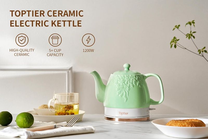 Photo 2 of Toptier Electric Ceramic Tea Kettle, Boil Water Quickly and Easily, Detachable Swivel Base & Boil Dry Protection, Carefree Auto Shut Off, 1 L, Green Leaf
