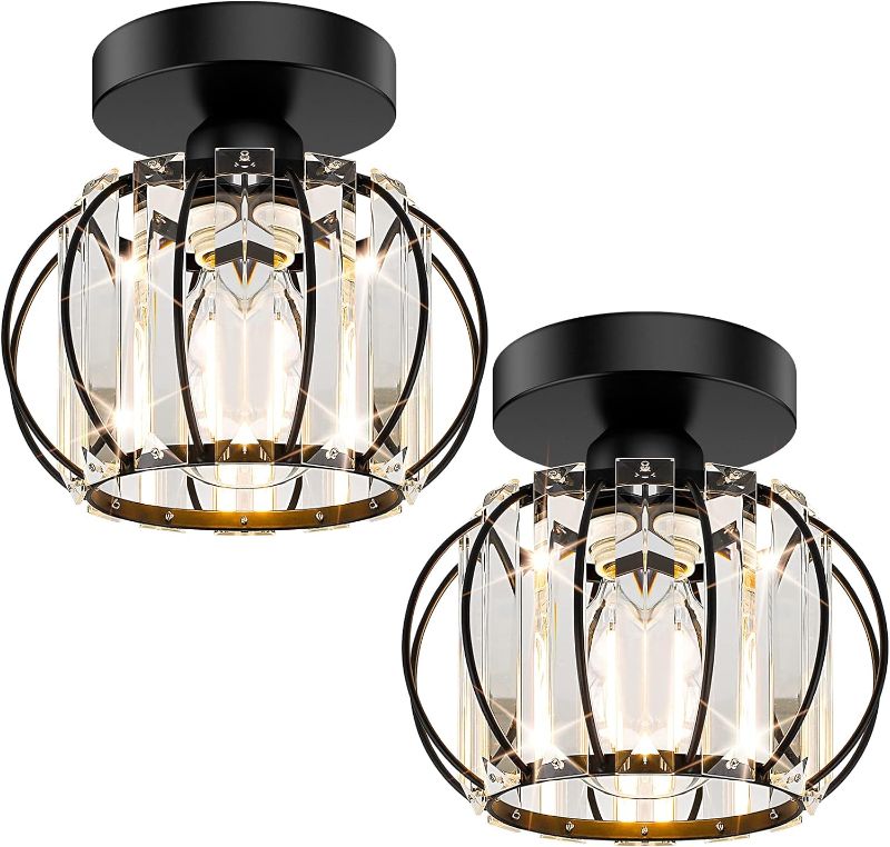Photo 1 of 2-Pack Semi Flush Mount Ceiling Light Fixtures Small Crystal Farmhouse Black Metal Cage Indoor Industrial Ceiling Lights for Living Room Hallway Bathroom Entryway Kitchen
