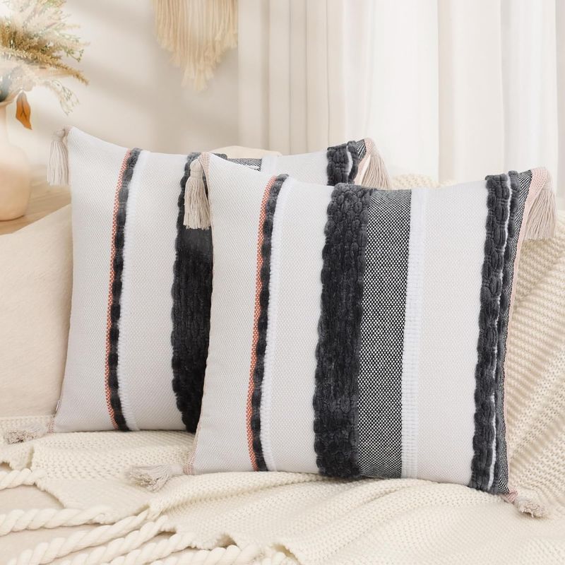 Photo 1 of decorUhome Boho Decorative Throw Pillow Covers 18x18 Set of 2, Striped Chenille Tufted Pillow Covers with Tassels for Couch Bed Sofa, Cream White and Dark Grey
