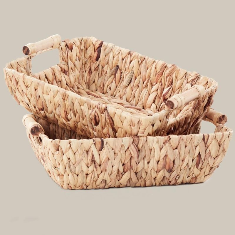 Photo 1 of Storage Basket Hand-Woven Large Storage Baskets with Wooden Handles, Water Hyacinth Wicker Baskets for Organizing, 2-Pack
