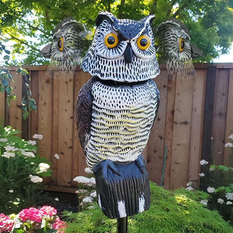 Photo 1 of Owl Decoys to Scare Birds Squirrels Away,Owl Decoy to Scare Squirrels with 360 Rotating Head,Scarecrow Plastic Owl Decoy to Scare Birds Away,Garden Owls Bird Scare Devices for Outdoor Garden Yard
