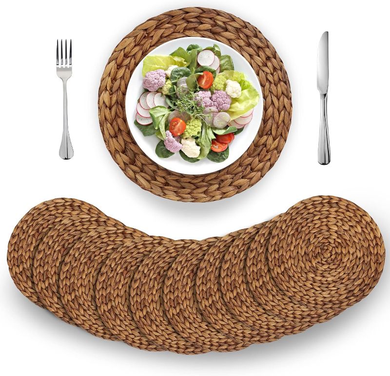 Photo 1 of (4 Sizes: 12"-13"-14"-15") BARIEN Brown Woven Placemats Round Set of 10, Natural Water Hyacinth Weave Placemat for Dining Table, Large Handmade Woven Placemats Heat Resistant Non-Slip (12" - Set 10)
