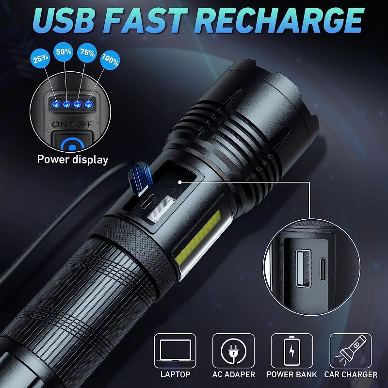 Photo 2 of Rechargeable LED Flashlights High Lumen,900,000 Lumens Super Bright Flashlight,Powerful Flash Light 7 Modes with COB Work Light IPX7 Waterproof for Outdoor Emergency Camping Hiking
