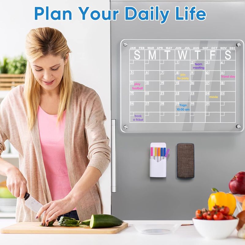 Photo 3 of Cosyzone Acrylic Calendar Planning Board for Fridge, 16"x12" Clear Dry Erase Magnetic Board for Refrigerator Includes 8 Dry Erase Markers and Eraser
