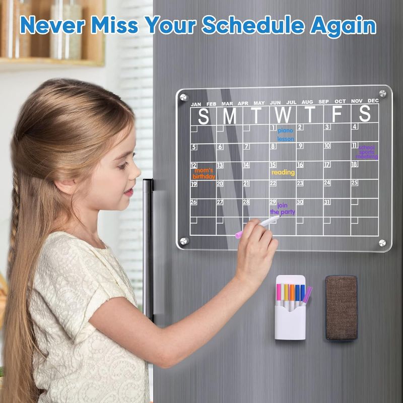 Photo 2 of Cosyzone Acrylic Calendar Planning Board for Fridge, 16"x12" Clear Dry Erase Magnetic Board for Refrigerator Includes 8 Dry Erase Markers and Eraser
