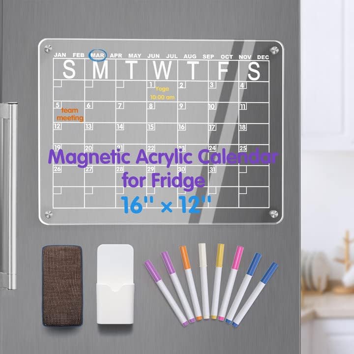 Photo 1 of Cosyzone Acrylic Calendar Planning Board for Fridge, 16"x12" Clear Dry Erase Magnetic Board for Refrigerator Includes 8 Dry Erase Markers and Eraser

