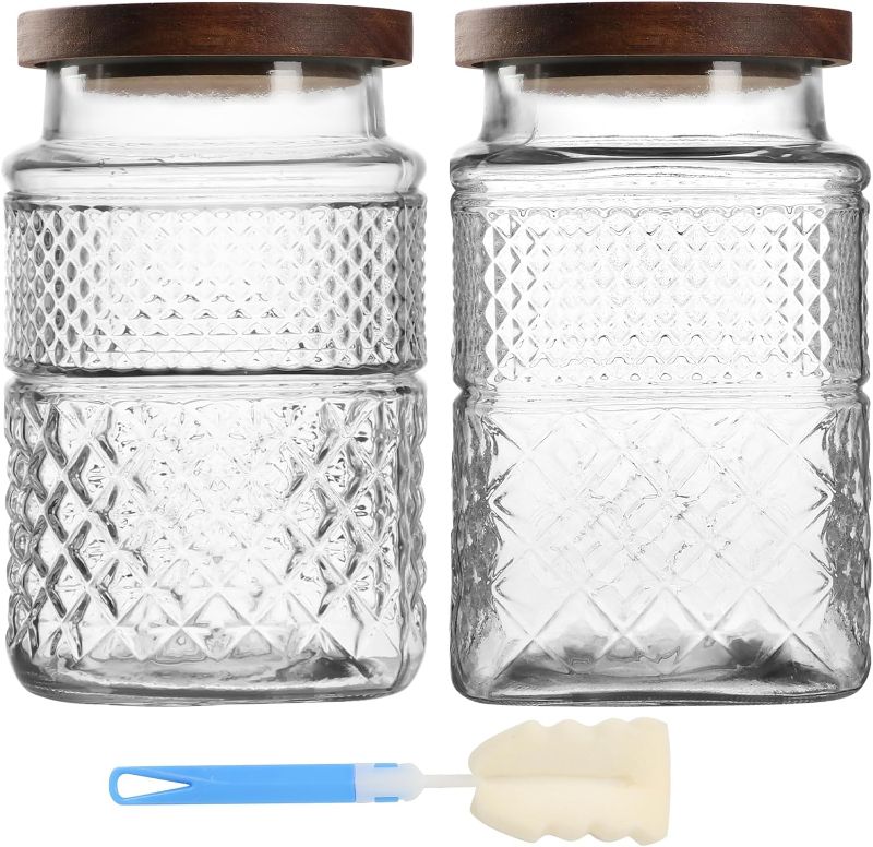 Photo 1 of EkkoVla 60 FL OZ Large Glass Storage Jar, Set of 2 Glass Food Storage Containers with Wooden Lids, Kitchen Cereal Canisters Decorative Glass Jars with Airtight Lids for Candy Snack Nuts Coffee Tea
