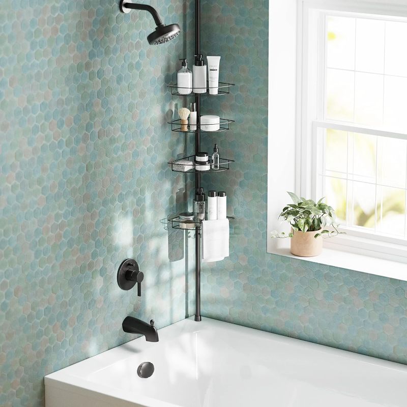 Photo 2 of Zenna Home Rust-Resistant Corner Shower Caddy for Bathroom, 4 Adjustable Shelves and Towel Bar, with Tension Pole, for Bath and Shower Storage, 60-97 Inch, Bronze
