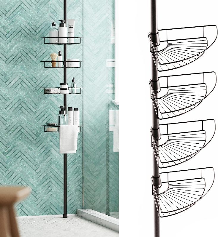 Photo 1 of Zenna Home Rust-Resistant Corner Shower Caddy for Bathroom, 4 Adjustable Shelves and Towel Bar, with Tension Pole, for Bath and Shower Storage, 60-97 Inch, Bronze
