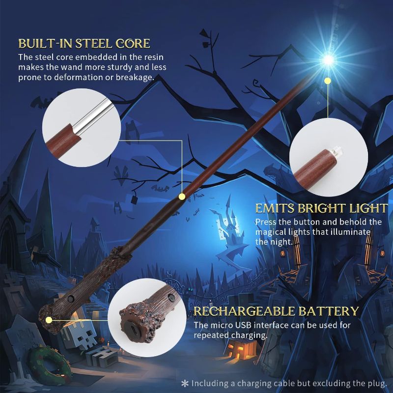 Photo 1 of Kwistq Magic Wand Light Up Rechargeable Toy Wizard Cosplay Accessory with Spell Guide and Magic Ticket and Gift Box for Christmas Halloween Birthday Party Favors
