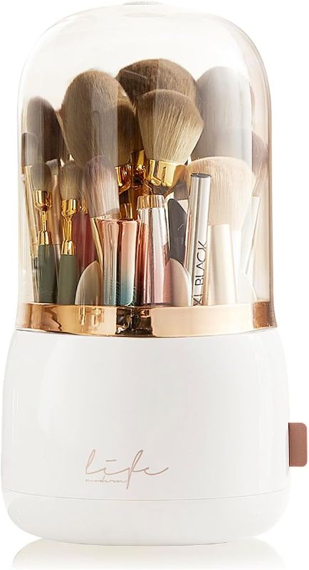Photo 1 of Lebenrich Rotating Makeup Brush Holder Organizer with Lid, Spinning Brush Holder Makeup Organizer with Clear Cover, Acrylic Cosmetics Make Up Brushes Storage Cup Container for Vanity (Pearl White)
