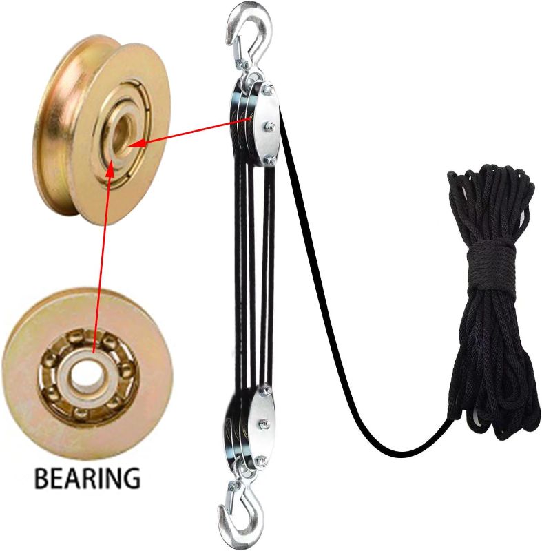 Photo 2 of XSTRAP STANDARD Heavy-Duty 2,000 LB Breaking Strength 50 FT Rope Hoist, Metal Wheels Bearing Structure, 1000 LB Work Load Block and Tackle Pulley System for Lifting Heavy Objects, with 2pcs Soft Loops
