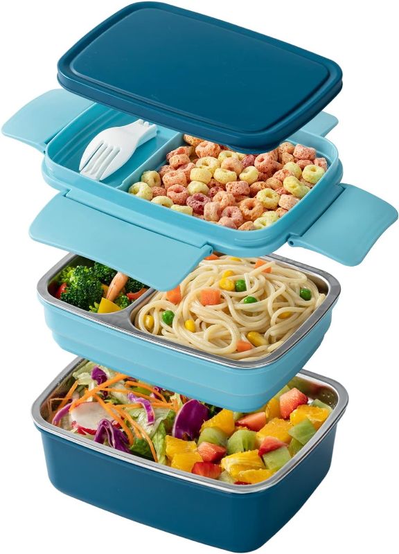 Photo 1 of Freshmage Stainless Steel Bento Box Adult Lunch Box, Leakproof Stackable Large Capacity Dishwasher Safe Lunch Container with Divided Compartments, Blue
