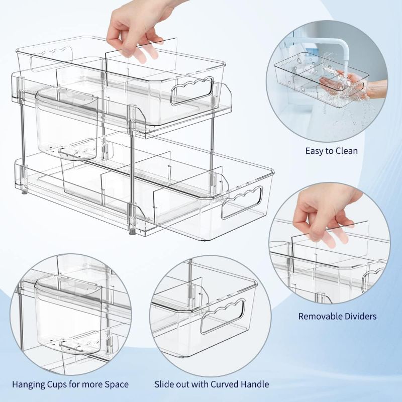 Photo 2 of 2 Tier Clear Organizer with Dividers, Pantry Organization Multi Purpose Slide-Out Bathroom, Kitchen Medicine Cabniet Bins, Under Sink Organizers and Storage, 2 Pack
