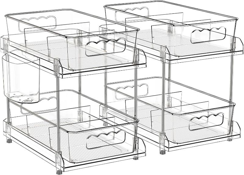 Photo 1 of 2 Tier Clear Organizer with Dividers, Pantry Organization Multi Purpose Slide-Out Bathroom, Kitchen Medicine Cabniet Bins, Under Sink Organizers and Storage, 2 Pack
