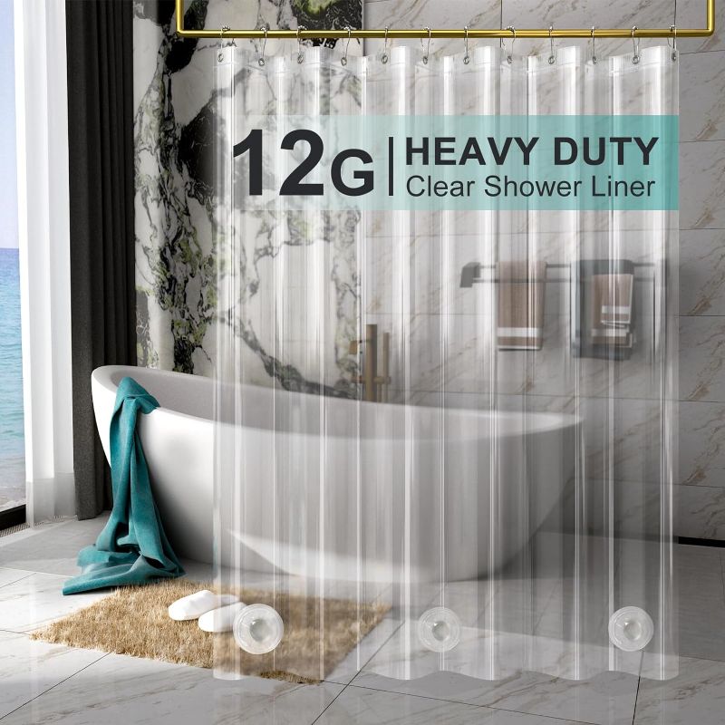 Photo 1 of AmazerBath Heavy Duty Shower Curtain Liner 12 Gauge, 72 x 72 Inches Clear Shower Curtain Liner with 3 Clear Stones and 12 Grommet Holes, Weighted Plastic Shower Liner
