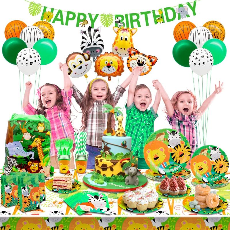 Photo 2 of Jungle Safari Party Decorations, Zoo Animal Birthday Party Supplies for 16 Guests, 2 Tablecloths, Party Plates, Cups, Napkins Set, Drawstring Bag, Paper Goodie Bags, Balloons, Banner, Cutlery, 147pcs
