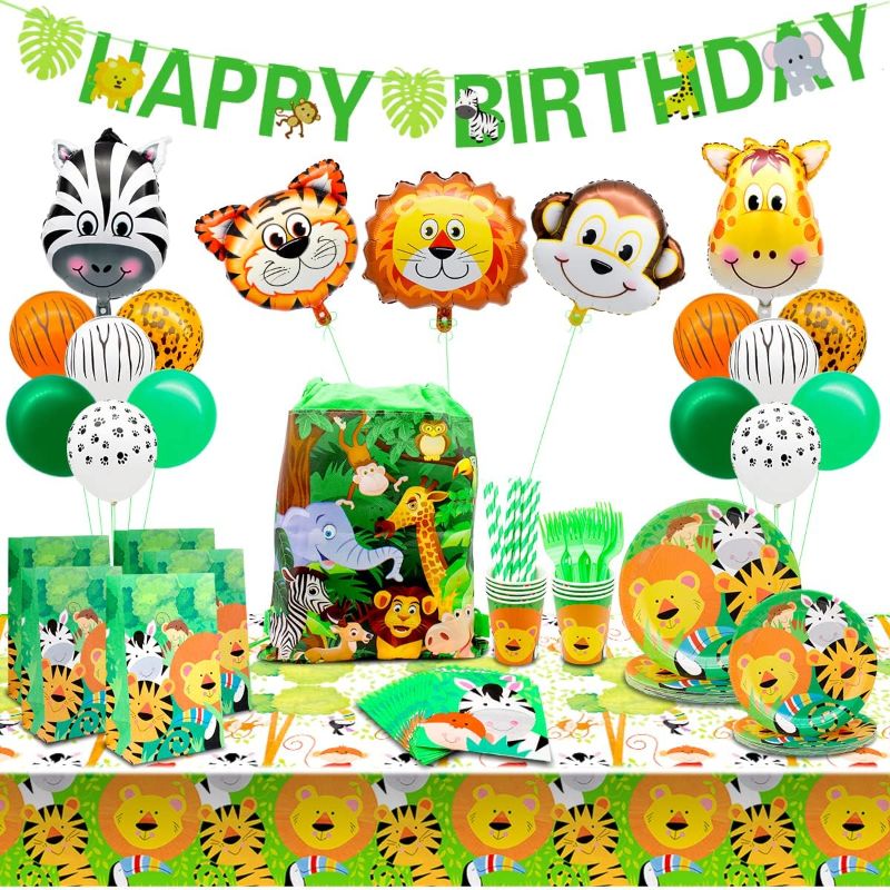 Photo 1 of Jungle Safari Party Decorations, Zoo Animal Birthday Party Supplies for 16 Guests, 2 Tablecloths, Party Plates, Cups, Napkins Set, Drawstring Bag, Paper Goodie Bags, Balloons, Banner, Cutlery, 147pcs
