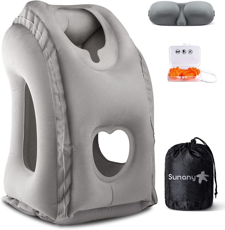 Photo 1 of Sunany Travel Pillow, Inflatable Neck Pillow Used for Airplanes/Cars/Buses/Trains/Office Napping with Eye Mask/Earplugs (Gray)
