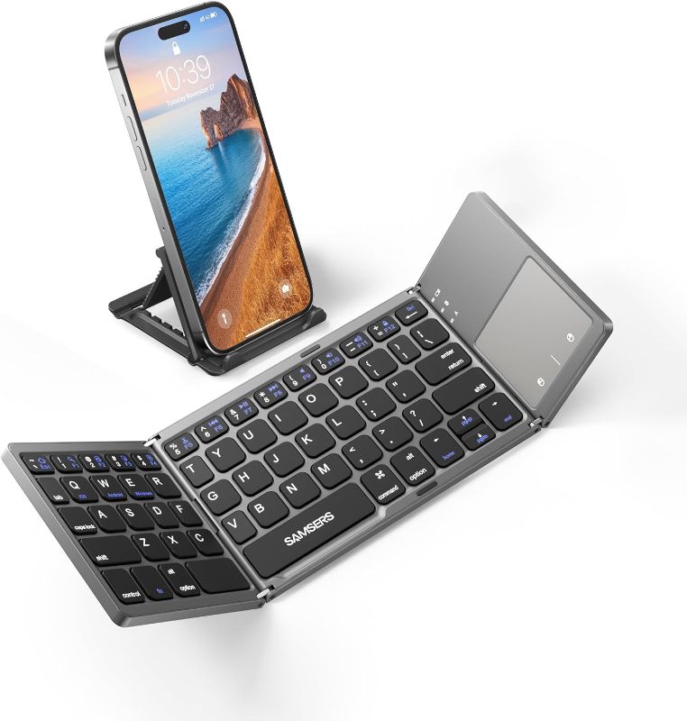 Photo 1 of Samsers Foldable Bluetooth Keyboard with Touchpad Portable Wireless Keyboard with Stand Holder, Rechargeable Full Size Ultra Slim Pocket Folding Keyboard for Android Windows iOS Tablet & Laptop-Gray
