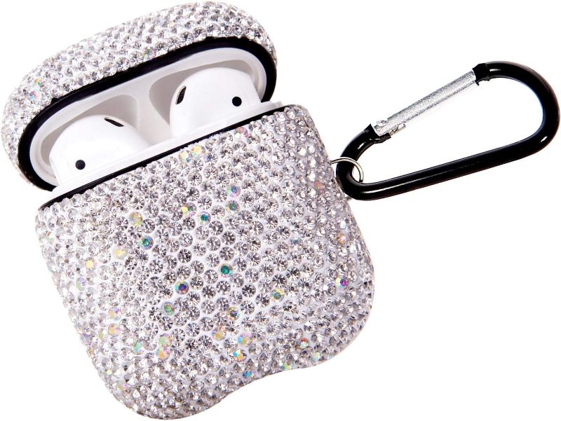 Photo 1 of Sparkly Diamond Case for AirPods with Keychain, Shockproof Protective Premium Bling Rhinestone Cover Skin Compatible with AirPods Charging Case 2 & 1(White+AB C5)
