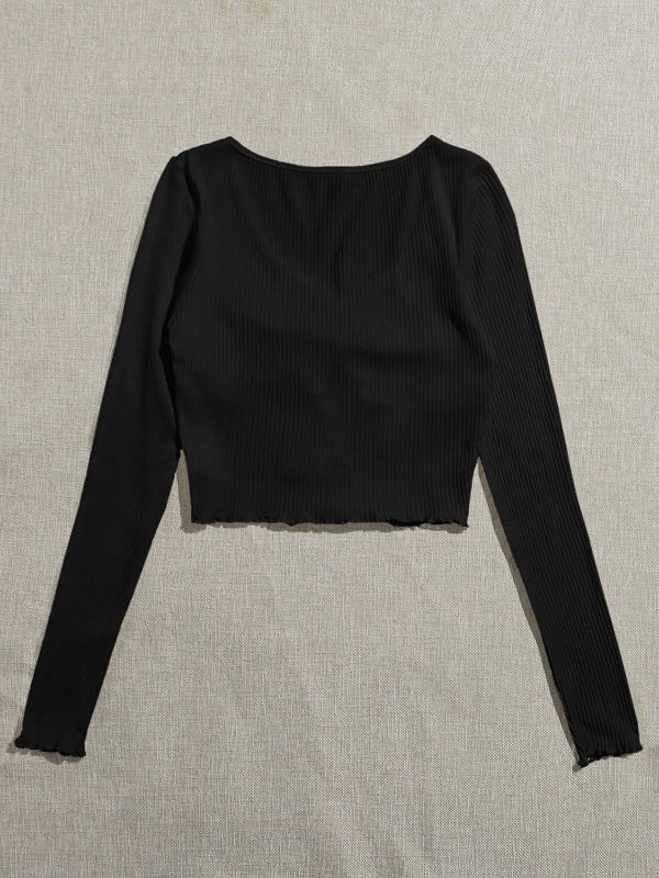 Photo 1 of Women's XL T-Shirt Lettuce Trim Knot Front Rib-Knit Tee Women's T-Shirt (Color : Black, Size XL
