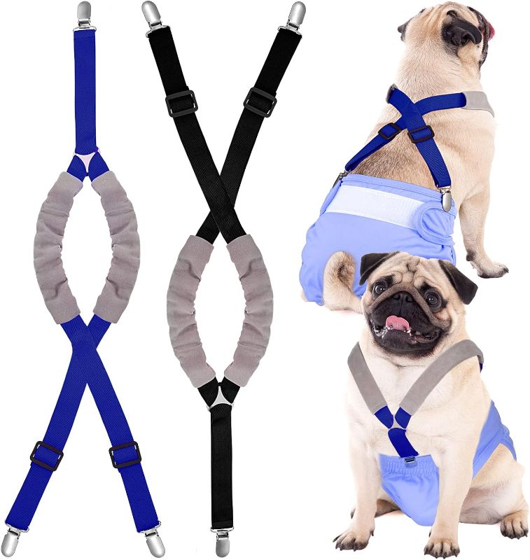 Photo 1 of 2 Pieces Dog Diaper Suspenders Belly Bands Canine Harness Keep Diaper on Your Dog for Small Medium and Large Dogs (Black, Blue,Medium)
