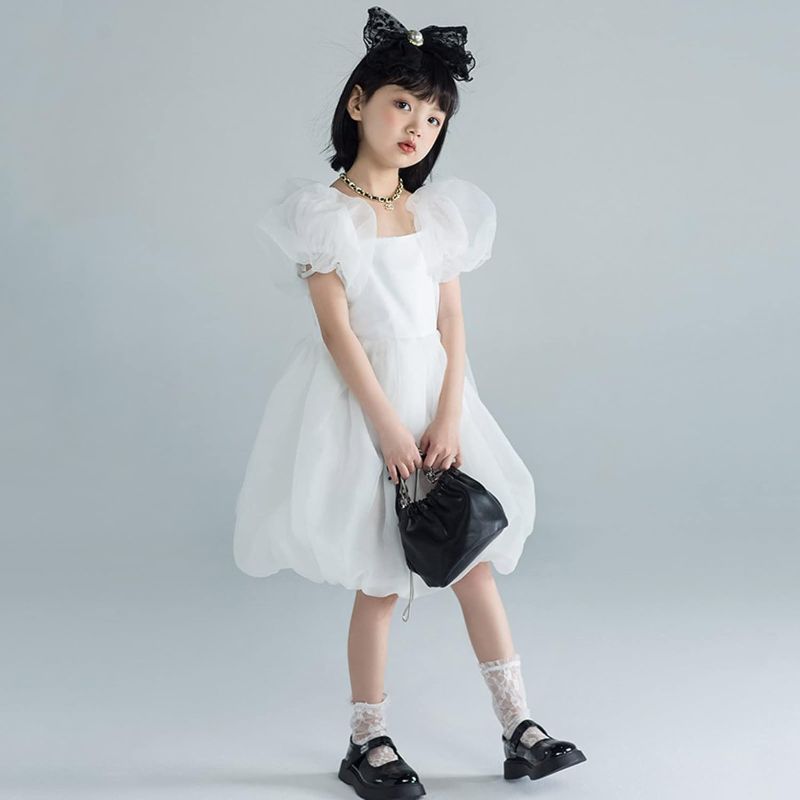 Photo 2 of RUIG Girls Christmas Sweaters Children's Summer Skirt Dress Fashion Puffy Sleeve Chiffon White Short Sleeve Princess
