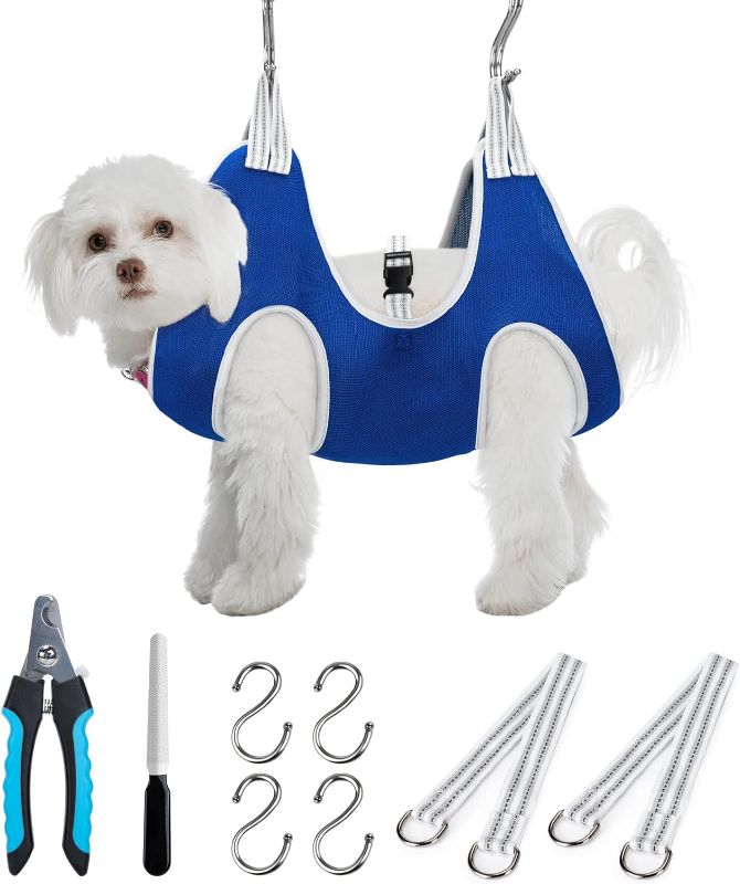 Photo 1 of Dog Grooming Hammock, Megeo Pet Grooming Hammock for Small Dogs, Dog Grooming Harness, Grooming Hammock Helper for Dogs with Nail Clippers/Nail Trimmers (Blue, Small)
