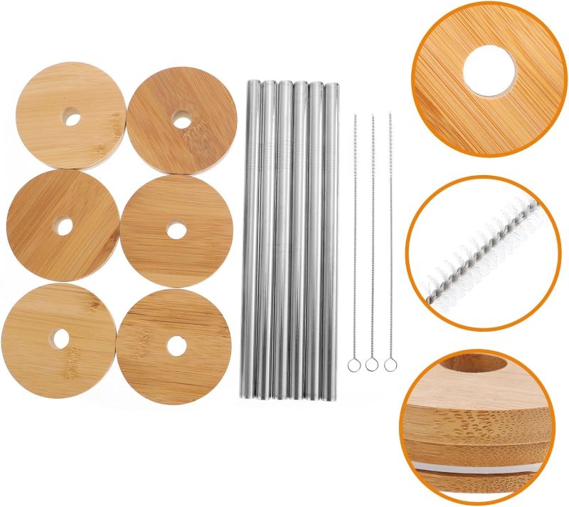 Photo 2 of HOMSFOU 1 Set Mason Cup Bamboo Wood Lid Brush Grubber Mason Jar Lid Sealing Lid Silicone Bottle Caps Bottle Straw Lid Mason Cup Accessories Wood Wide Mouth Lid Leak Lid
