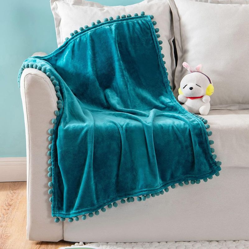 Photo 1 of MIULEE Fleece Baby Blanket with Pompom Tassel for Boys, Girls, Kids, Infant, Newborn Soft Flannel Cozy Teal Throw Blanket Fuzzy Plush Warm Boho Decor for Crib Stroller Nap 30"x40" Turquoise Blue
