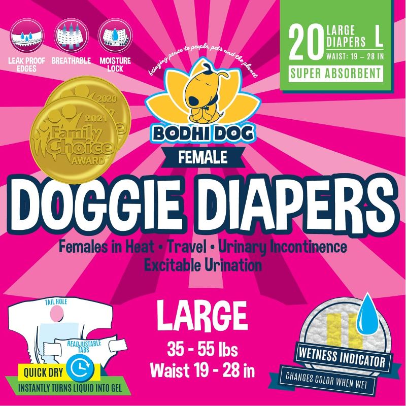 Photo 1 of Bodhi Dog Disposable Female Dog Diapers | Super Absorbent Leak-Proof Fit | Premium Adjustable Dog Diapers with Moisture Control & Wetness Indicator | 20 Count Large Size.
