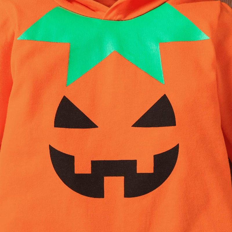 Photo 2 of Shalofer Baby Boy Girl Halloween Clothes Infant Pumpkin Halloween Costumes Outfit Long Sleeve Hooded Romper
