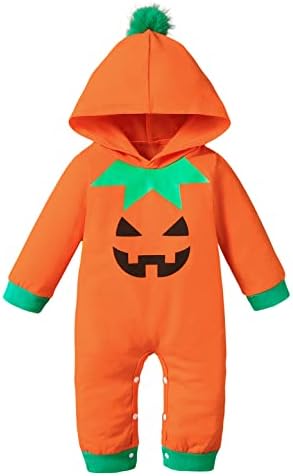 Photo 1 of Shalofer Baby Boy Girl Halloween Clothes Infant Pumpkin Halloween Costumes Outfit Long Sleeve Hooded Romper
